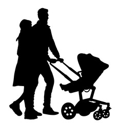  Happy family, parents walking outdoor with baby and pram, vector silhouette isolated on white background. Baby carriage. Fathers day. Mothers day. Young couple with baby enjoy in park. Family values.