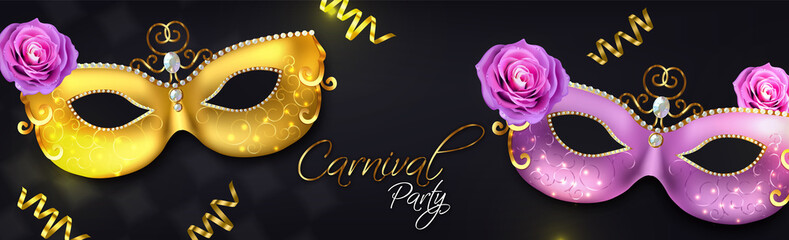 Carnival golden and purple mask Vector realistic. Stylish Masquerade Party. Mardi Gras card invitation. Night Party Poster. Dance Flyer. Musical festival banner templates