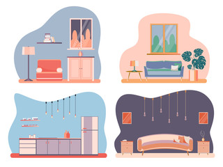 Set Interior of the living room and kitchen with furniture. Flat cartoon style. Vector illustration