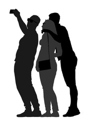 Selfie teenagers tourists taking pictures vector silhouette illustration isolated on white background. Taking selfie with mobile phone. Friends traveler fun. Happy students crew on travel destination.