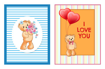 Teddy Girl with Bouquet of Flowers Boy Balloons