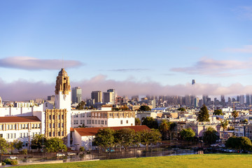Morning in Dolores park with downtown and fog. San Francisco, California.
