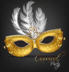 Golden ornamented mask with feathers Vector realistic. Stylish Masquerade Party. Mardi Gras card invitation. Night Party Poster. Dance Flyer. Musical festival banner templates