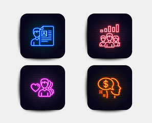 Neon glow lights. Set of Job interview, Teamwork results and Man love icons. Pay sign. Cv file, Group work, Romantic people. Beggar.  Neon icons. Glowing light banners. Vector