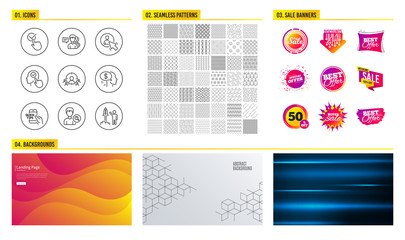 Seamless pattern. Shopping mall banners. Set of People, User and Business targeting icons. Pay, Search people and Select user signs. Checkbox, Education and Launch project symbols. Vector