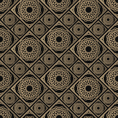 Islamic vector design. Seamless pattern oriental ornament. Black and golden textile print. Floral tiles.