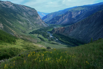 Naklejka na ściany i meble Beautiful view of the Valley of Chulyshman river on Altai in Russia