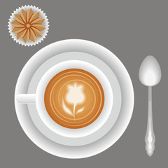 Cappuccino coffee cup, plate, spoon and biscuit