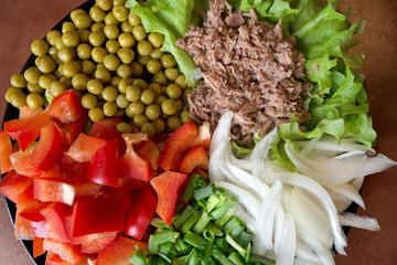 Abstract, blurry shot. Freshly made vegetable salads on plate on rustic background. Tuna with green lettuce, peas, paprika or red pepper, onion slices and spring onions. Delicious meal for breakfast. 