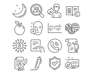 Set of Search employees, Column diagram and Copyright icons. Document, Manual doc and Signature signs. Feather signature, Face declined and World money symbols. Vector