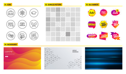 Seamless pattern. Shopping mall banners. Set of Read instruction, Certificate and Graduation cap icons. Web lectures, Portfolio and Intersection arrows signs. Vector