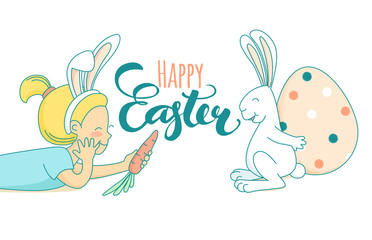 Funny greeting Happy Easter card girls white bunny painting egg.