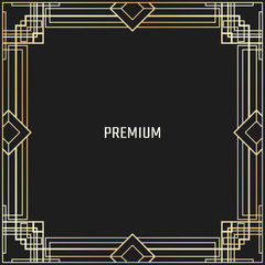 Vector geometric frame in Art Deco style. Square abstract element for design. Light golden lined shape. Sandblasting ornament.