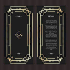 Vector geometric cards in Art Deco style. Light golden flyers. Premium vector frame in luxury style. Restaurant menu with logo. Black and gold tickets.