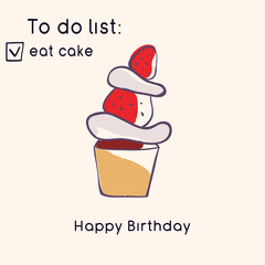 Birthday greeting card. Doodle style illustration. Sweets and pastries. Vector illustration.