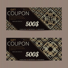 Two gift vouchers in luxury style. Vector discount cards. Art Deco tiles. Golden and silver ornament.