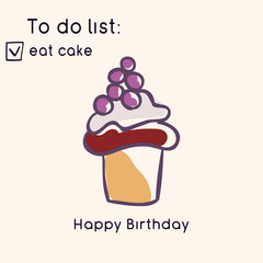 Birthday greeting card. Doodle style illustration. Sweets and pastries. Vector illustration.