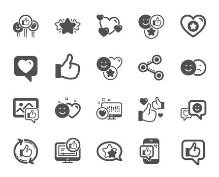 Social media icons. Set - Share network, Social links and Rating icons. Heart, Feedback smile emotion and internet media. Share network, like icon, video content rating and dislike. Vector