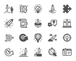 Startup icons. Launch Project, Business report, Target icons. Strategy, Development plan, Startup space rocket. Air balloon, Out of the Box strategy and Business innovation report. Vector