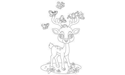 Cute baby deer and butterflies outline drawing to color