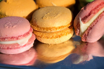 French cake macaron or macaroon at picnic outdoors. Colorful cookies made from almond flour in pastel colors. 