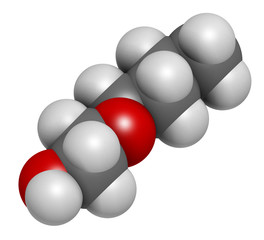 2-Butoxyethanol solvent and surfactant molecule. 3D rendering. Atoms are represented as spheres with conventional color coding: hydrogen (white), carbon (grey), oxygen (red).