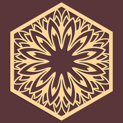 Laser cutting panel. Golden floral pattern. Gift or favor box silhouette ornament. Vector hexagonal coaster design for metal, wood, paper work.