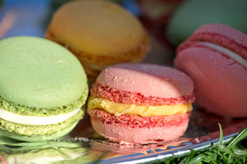 French cake macaron or macaroon at picnic outdoors. Colorful cookies made from almond flour in pastel colors. 