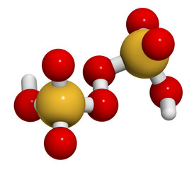 Peroxydisulfuric acid oxidizing agent molecule. 3D rendering. Atoms are represented as spheres with conventional color coding: hydrogen (white), carbon (grey), oxygen (red), sulfur (yellow).