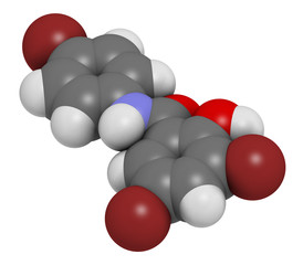 Tribromsalan disinfectant molecule. 3D rendering. Atoms are represented as spheres with conventional color coding: hydrogen (white), carbon (grey), oxygen (red), nitrogen (blue), bromine (brown).