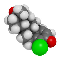 Chlorodehydromethyltestosterone (CDMT) androgenic and anabolic steroid molecule, used in sports doping. 3D rendering. Atoms are represented as spheres with conventional color coding.