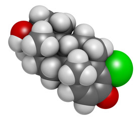 Chlorodehydromethyltestosterone (CDMT) androgenic and anabolic steroid molecule, used in sports doping. 3D rendering. Atoms are represented as spheres with conventional color coding.