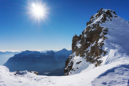 Mountain peak and snow panorama in San Domenico di Varzo, Piedmont, Italy.