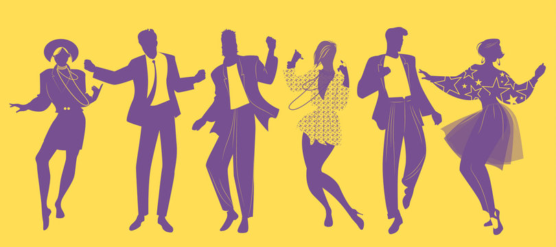 Silhouettes of people dancing new wave music wearing clothes in the style of the 80s