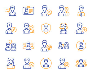 User people line icons. Male and Female Profile, Group and Support icons. ID card, Teamwork people and Businessman symbols. Couple love, Security profile and User management support. Vector