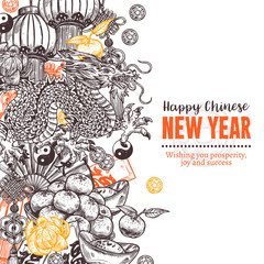 Vector greeting poster for happy Chinese new lunar year. Decorative background in sketch style with hand drawn dragon, mandarins, paper oriental lantern, gold ingot, fortune coin, lucky knot, red enve