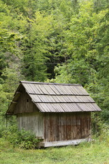 Wooden hut in the mountains at Lake Bohinj, Slovenia
