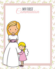 My first communion. Little girl with angel and blank space for text