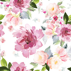 Vector seamless pattern with flower and plants in watercolor style. - 244704365