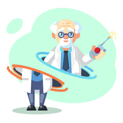 Crazy old scientist is teleporting. Funny character. Cartoon vector illustration. Mad professor. Science experiment. Person with glasses. - Vector flat