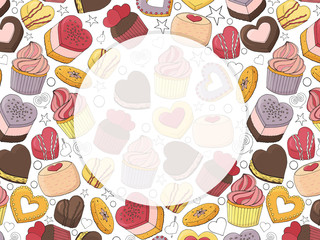 Template for your design. Different desserts, cakes, candy and food for Valentines day. Hand drawn. For cafe menu, restaurant, packaging, advertisements. Vector illustration. blank for text.
