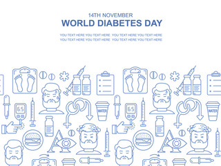 Fototapeta na wymiar Diabetes vector linear background. Diabetic therapy line style blue icons set. Blood glucose test. World diabetes day with blue circle.