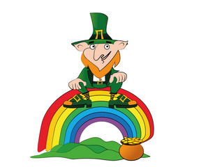 Leprechaun sitting on a rainbow. Happy St. Patricks Day celebration. Vector illustration.