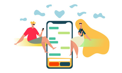 Mobile Chat - modern concept of the chat app on the phone screen and people chating in the messenger. Creative landing page or company support design template. Cartoon flat vector illustration Vector