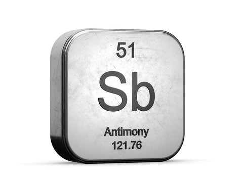 Antimony element from the periodic table. Metallic icon 3D rendered on white background
