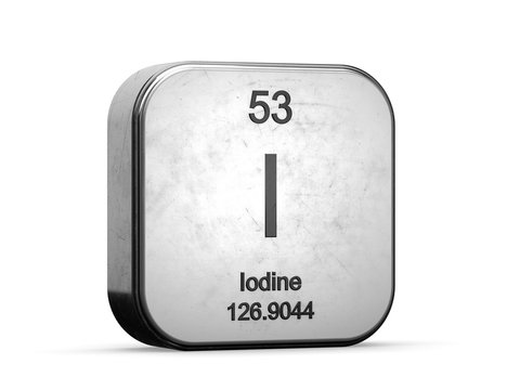 Iodine element from the periodic table. Metallic icon 3D rendered on white background	