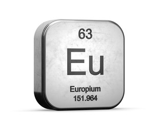 Europium element from the periodic table series. Metallic icon set 3D rendered on white background	