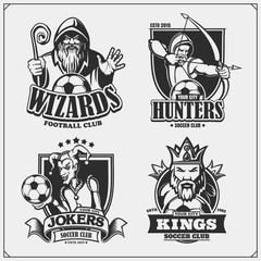 Set of soccer emblems, badges, logos and labels with hunter, wizard, king and joker. Print design for t-shirts.