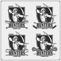 Cricket, baseball, lacrosse and hockey logos and labels. Sport club emblems with archer and hunter. Print design for t-shirts.