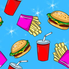 Seamless pattern with french fries, burger and cola on pink background. Wallpaper, wrapping paper and fabric design. 